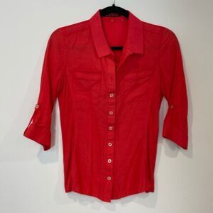 Elie Tahari Red Cotton/Silk Button Up 3/4 Sleeves Top Shirt